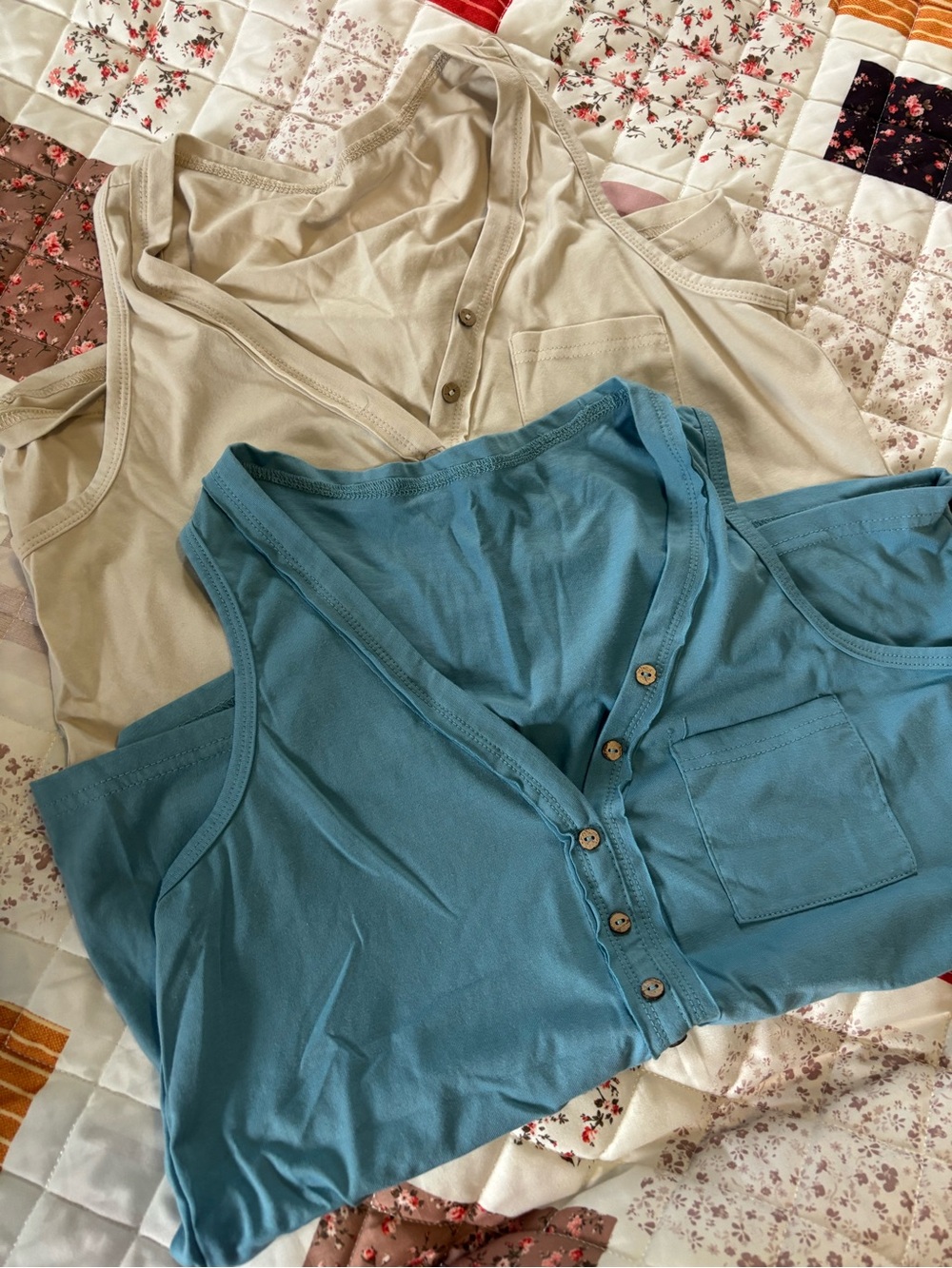 SHEIN Blue and Beige Button-Front Tank Tops